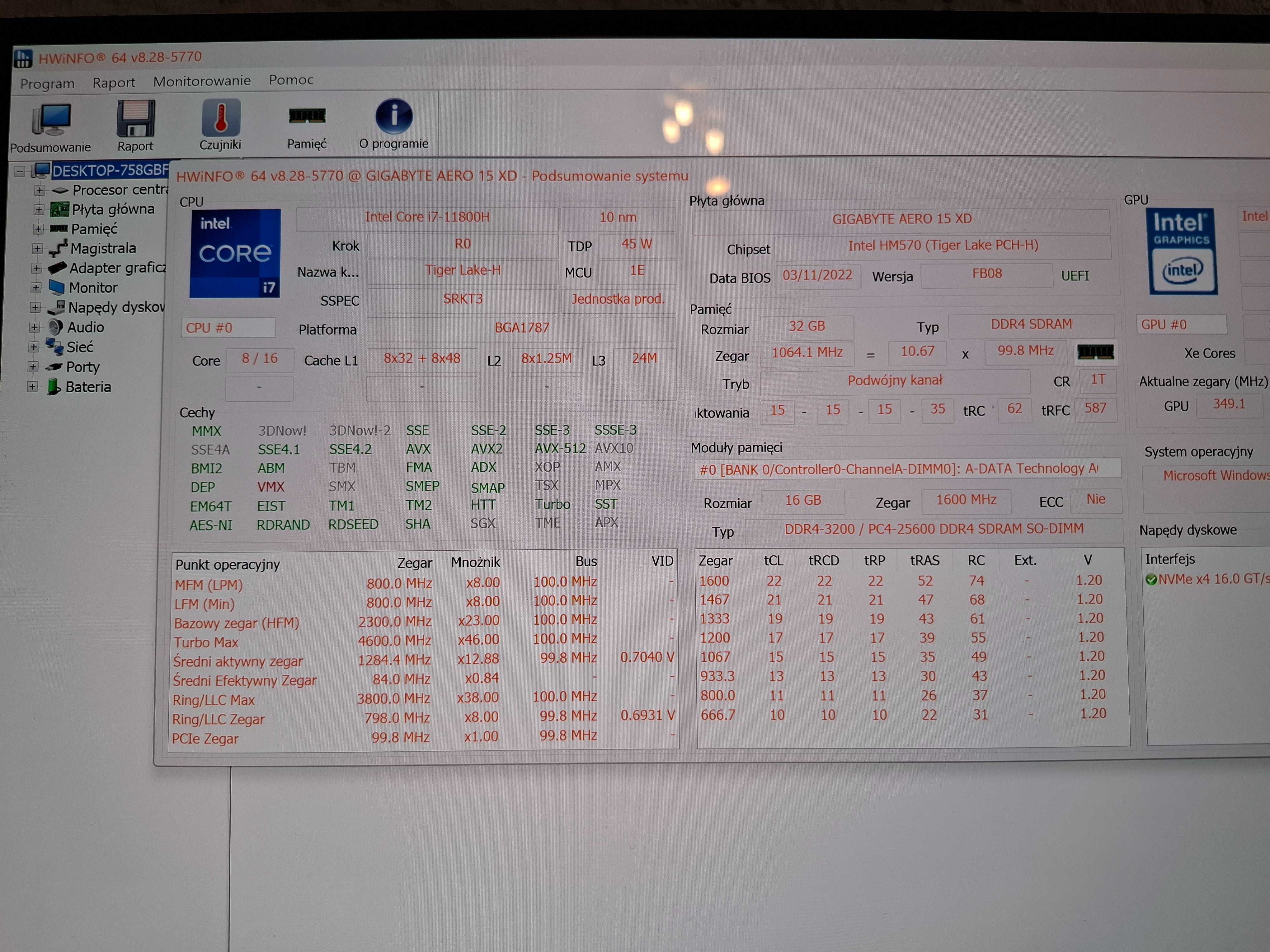 Gigabyte AERO 15 OLED i7-11800H/32GB/1TB/W10P RTX3070 - STAN IDEALNY