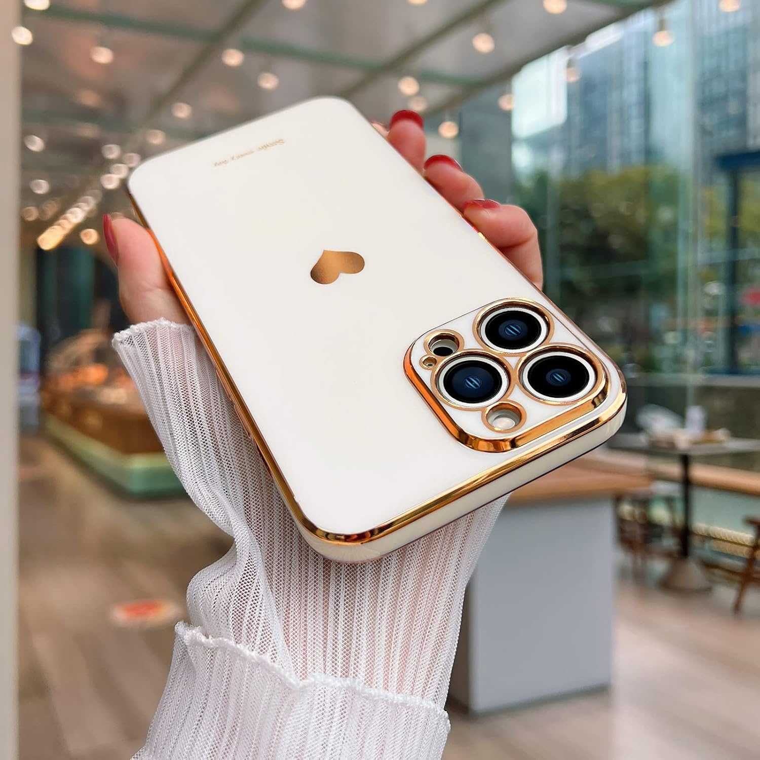 ETUI do  iPhone 13 Pro luksusowe błyszczące z sercem biało złote w954