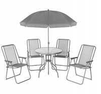 Zestaw mebli ogrodowych 6w1 turystyczny stolik 4 krzesła parasol szary
