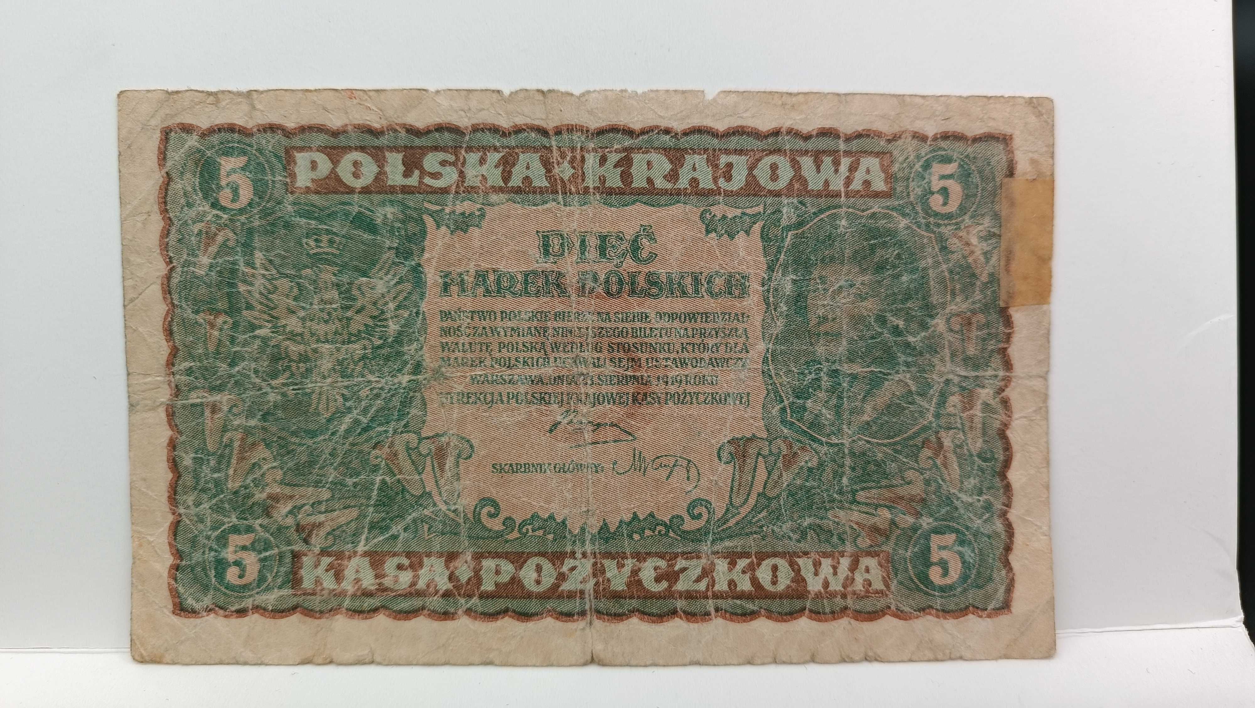 ZESTAW banknot 5, 10, 20, 100 marek polskich 1919 r, różny stan