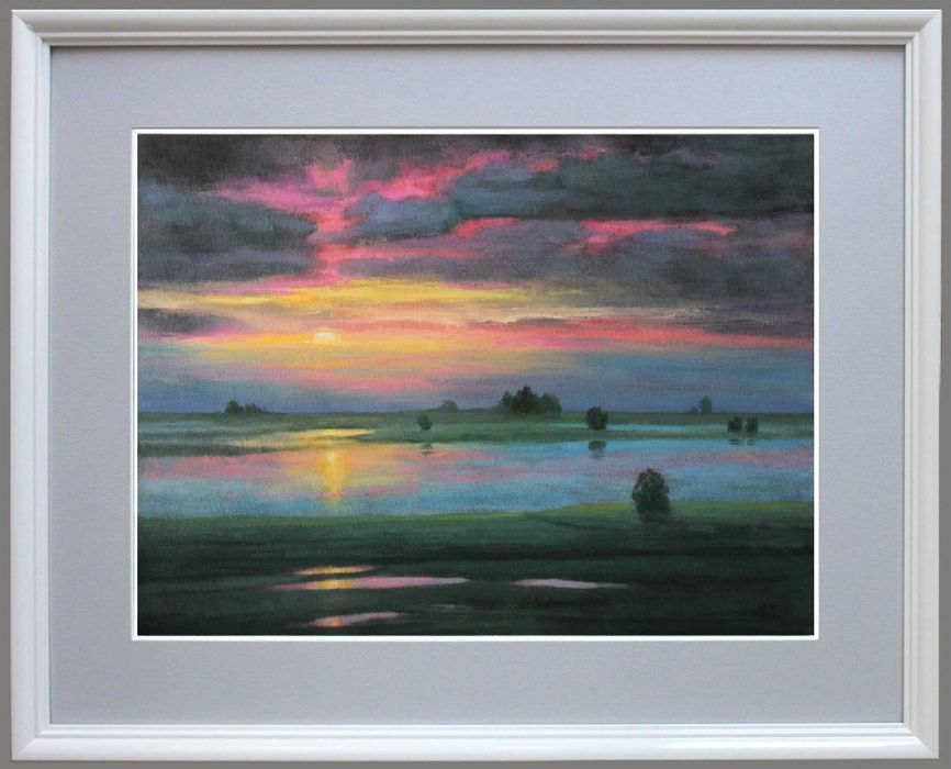 Obraz olejny morze zachód statki pejzaż 40x30 cm
