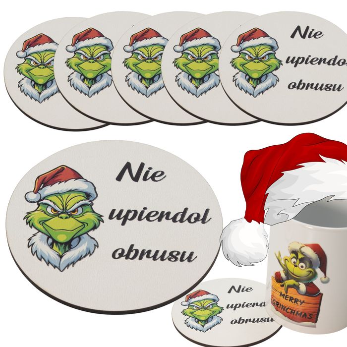 ZESTAW 5szt Podkładka pod kubek drewniana GRINCH na stół BIAŁE