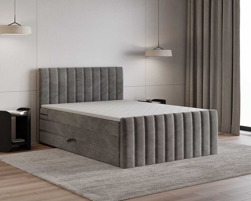 Łóżko kontynentalne tapicerowane PRESTO z materacami i pojemnikiem
