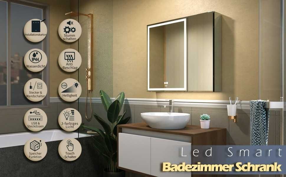 Podświetlana szafka łazienkowa z lustrem USB