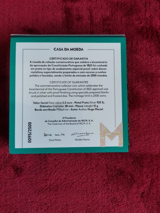 Moeda prata proof - 2,5€ "200 Anos da constituição' Portugal 2022