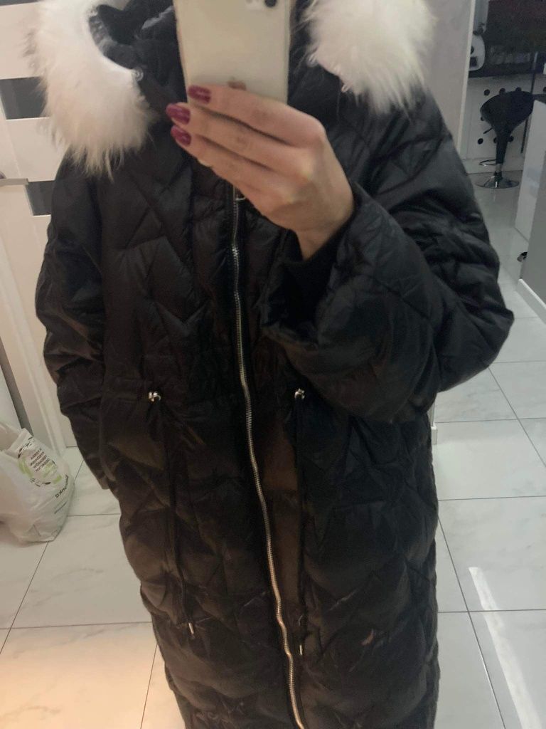 Płaszcz z futrem lisem naturalnym biust 124 rozm XL  2xl olalaX