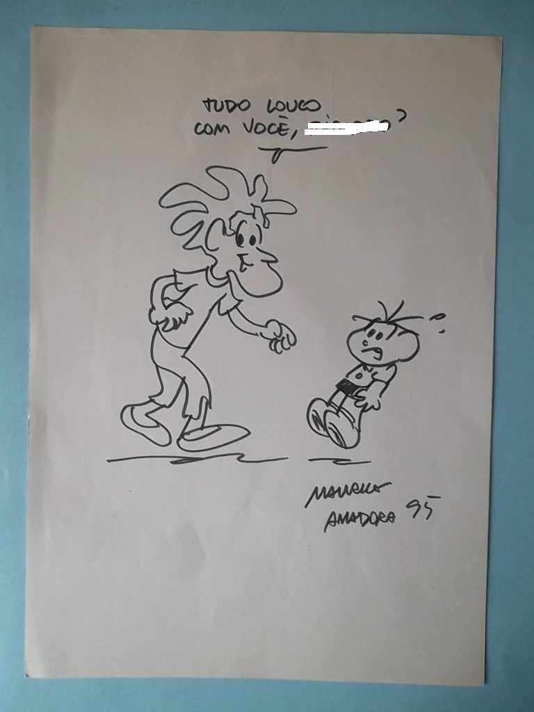 Desenho original de Maurício de Sousa, com Cebolinha e o Louco. 1995