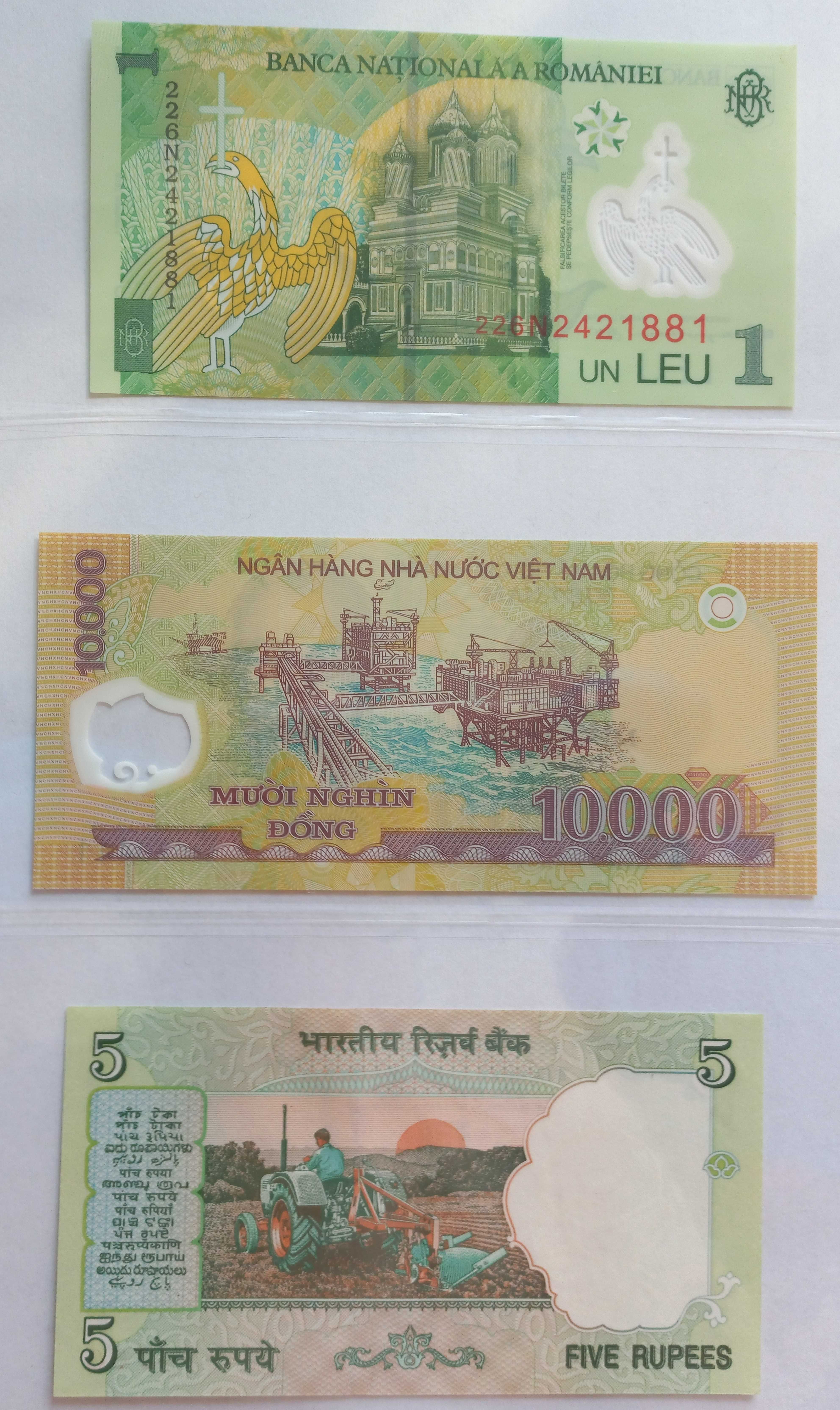 Banknoty - Rumunia, Wietnam, Indie.  1 leu, 10000 Dong,  5 Rupia UNC