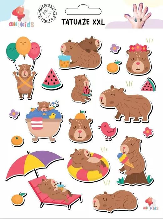Tatuaże zmywalne dla dzieci Kapibara wakacyjna XXL. All4Kids