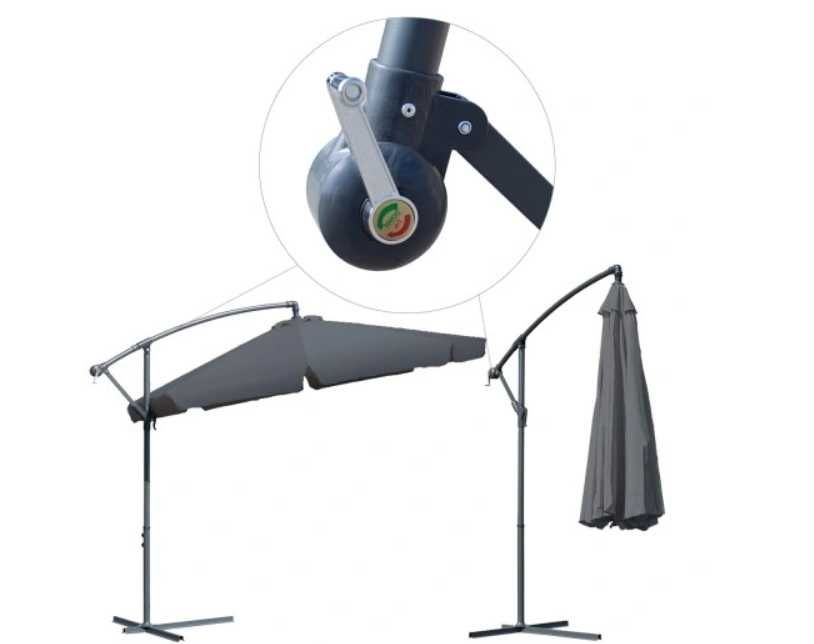 Parasol Ogrodowy DUŻY 350cm - Szary na taras składany z wysięgnikiem