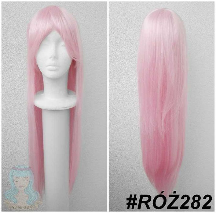 Długa prosta jasna różowa peruka z grzywką pastelowa cosplay wig 002