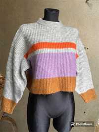 Sweter z półgolfem, szary w paski, krótki, 10% wełna, vintage 38/M