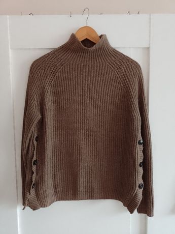 Klasyczny półgolf sweter damski guziki H&M bawełna wiskoza alpaka