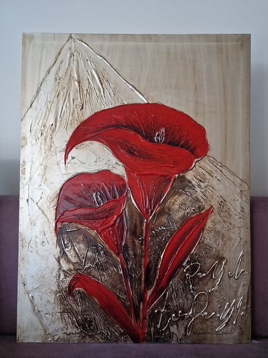 4 obrazy czarne czerwone kwiaty 3D srebrne duże wyjatkowe