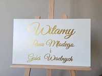Witamy pana młodego i gości weselnych tablica ślubna złoty napis