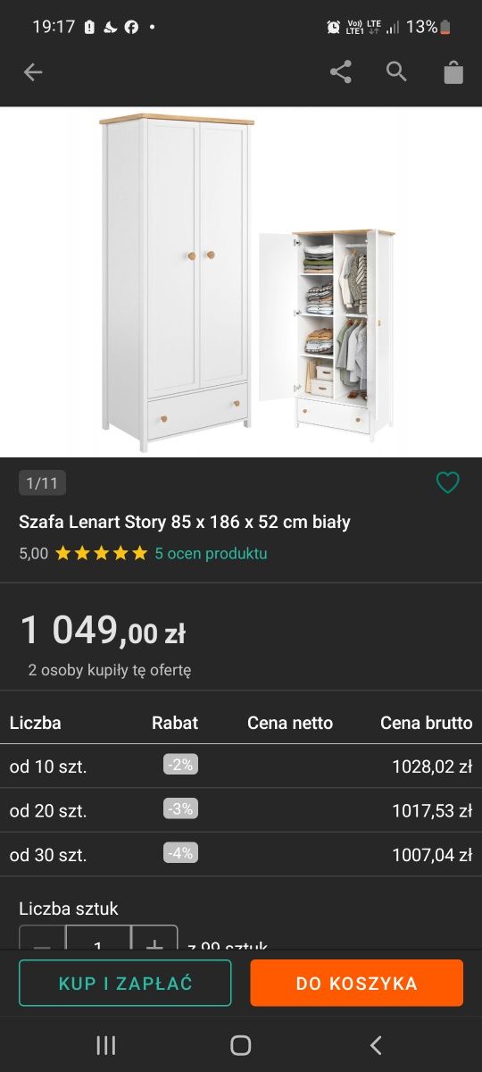 Szafa Lenart Story wys 186cm × szer 85cm x gl 52cm