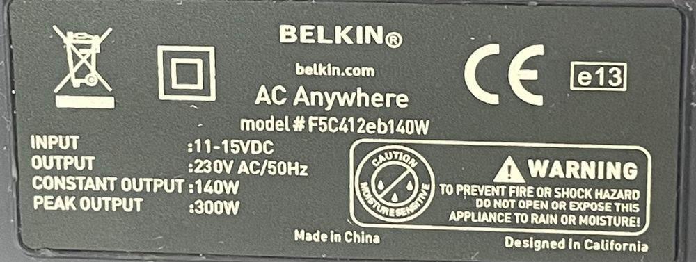 Автомобильный инвертор Belkin AC Anywhere 140W, =12V/~230V