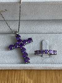 Серебряный Крестик с камнями в стиле Tiffany и кольцо-дорожка