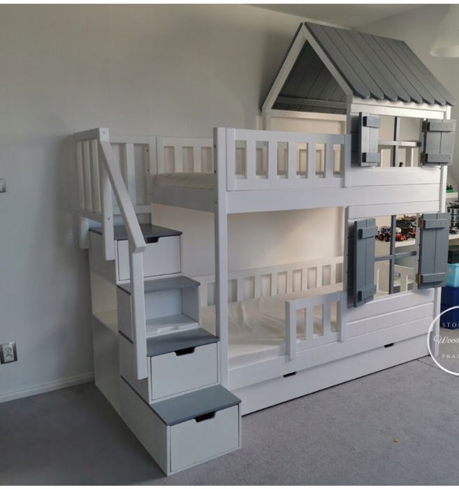 Łóżko pietrowe domek biało - szary firmy WOODPASSION