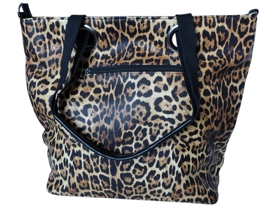 Torebka Damska Shopper z Przegrodą Brązowa Torba na Ramię, Panterka