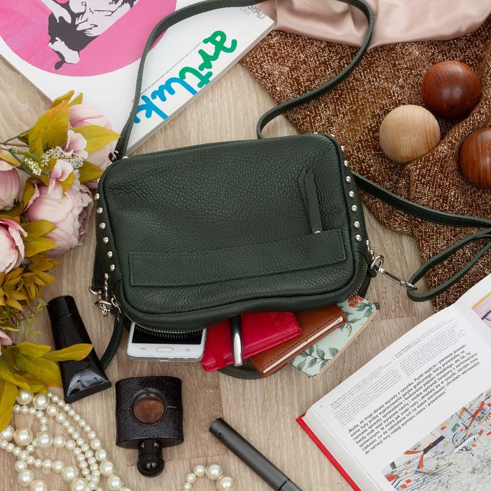 VERA PELLE torebka skórzana listonoszka z paskiem V167 c.zielona