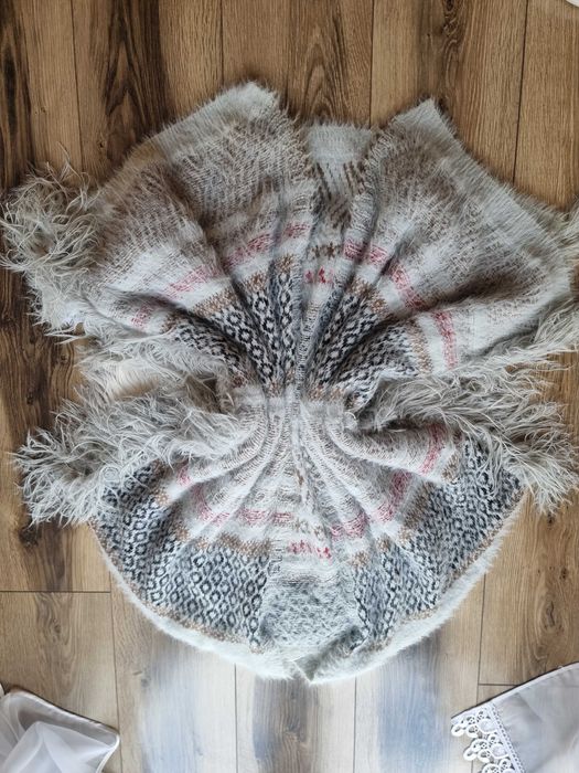 Vintage ponczo narzuta z frędzlami boho mohair oversize uniwersalny