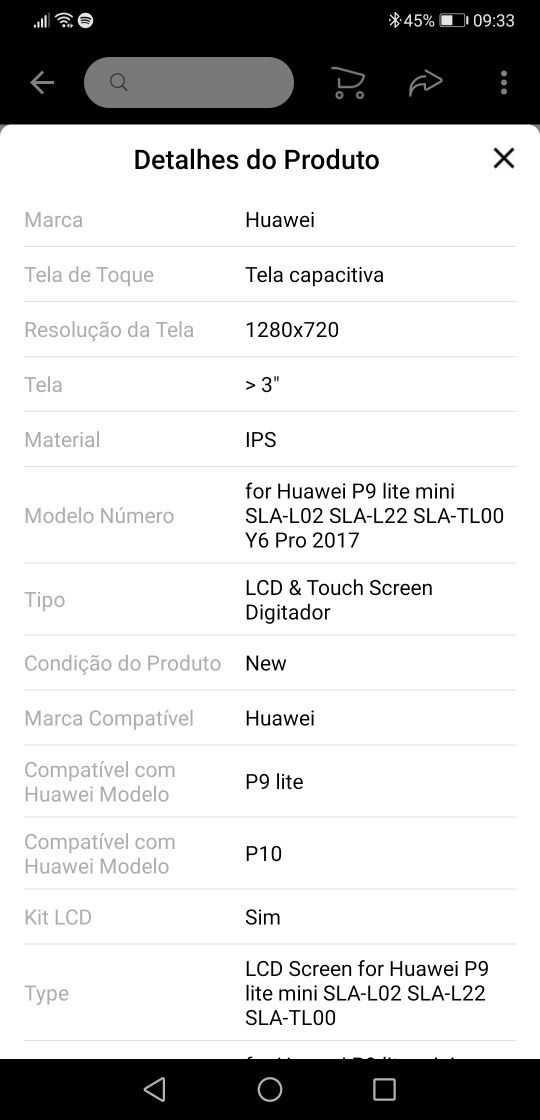 Ecrã P9 lite (com frame, preto)