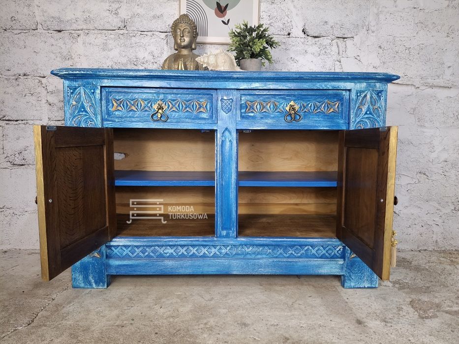 Komoda rzeźbiona, szafka drewniana, zdobiona, niebieska, turkusowa