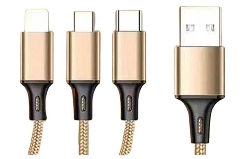Kabel USB 3w1 do telefonu lightning micro usb type-c 1,2m złoty