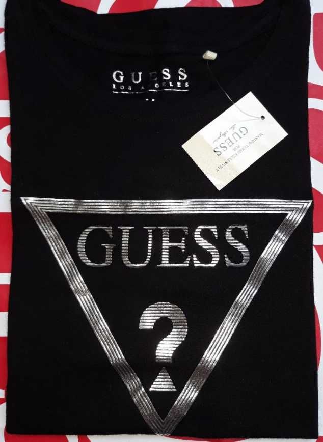 GUESS Oryginalny Damski T-Shirt Koszulka Bluzka Czarna Srebrny Trojkat