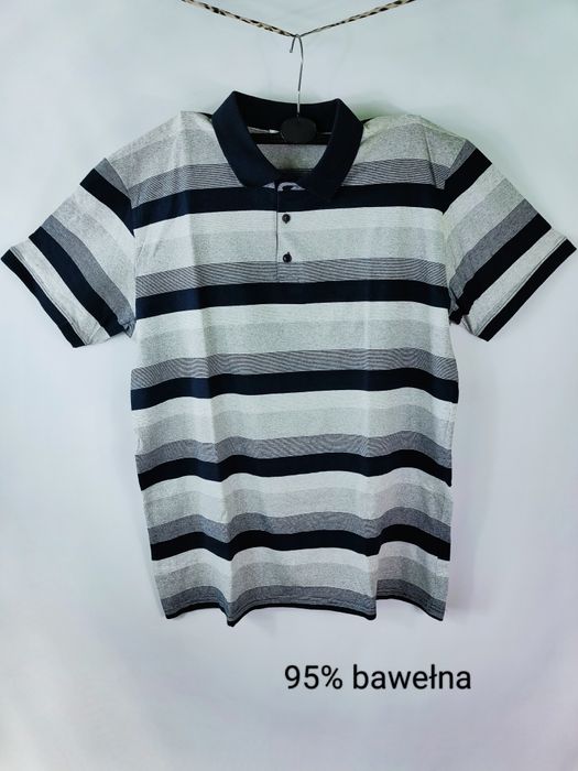 Koszulka polo t-shirt męski krótki rękaw paski kołnierzyk bawełna