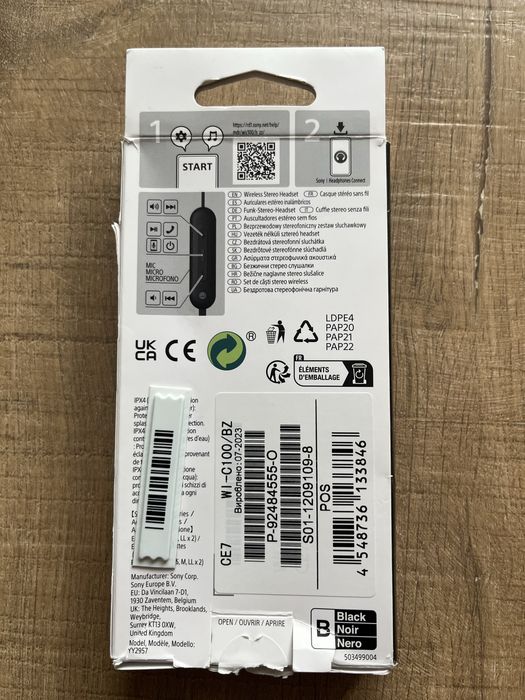 Słuchawki bezprzewodowe Sony WI-C100 Dokanałowe Bluetooth Czarne