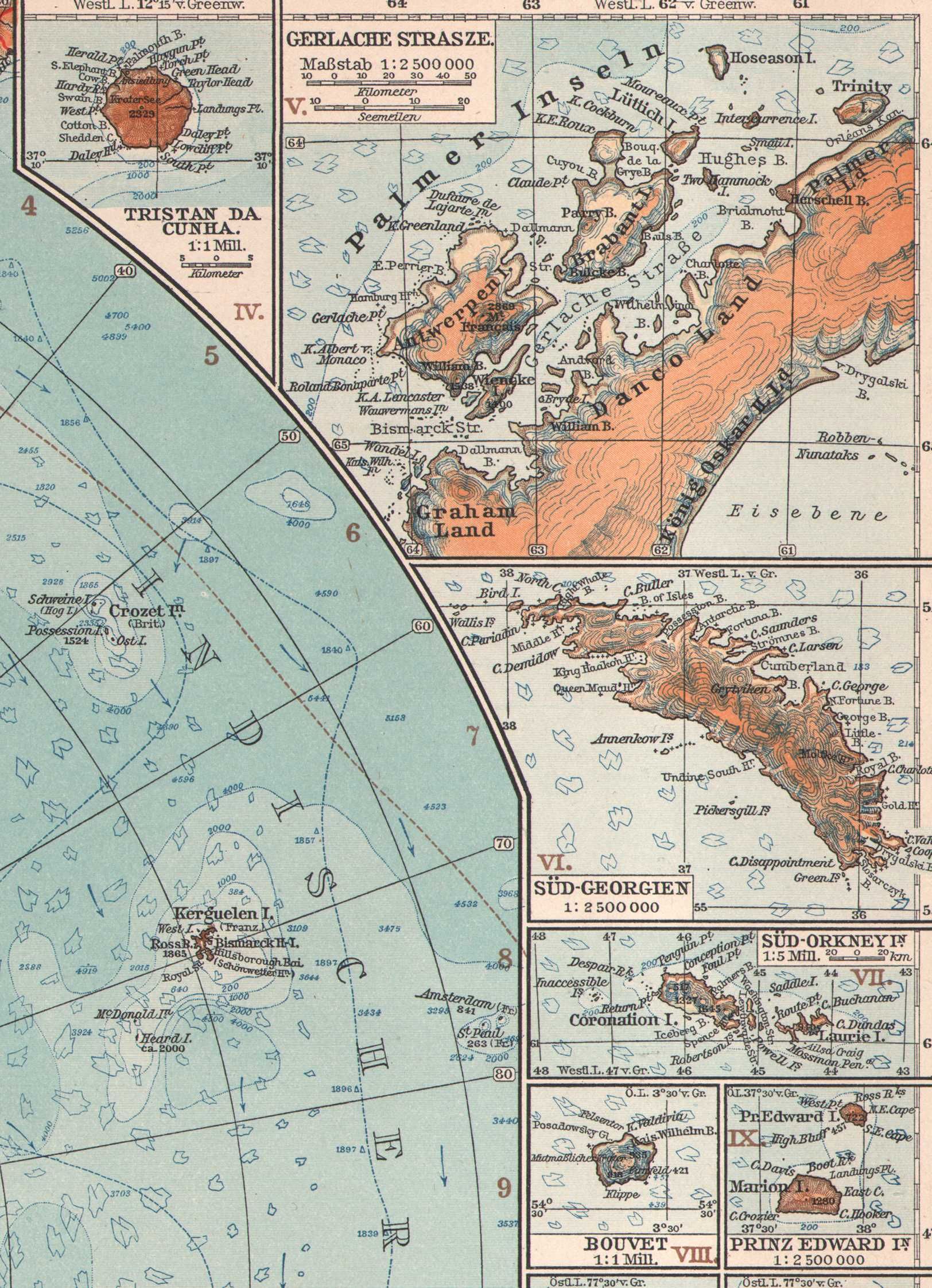 Antarktyda Biegun Pd. Wyprawy polarne duża efektowna mapa 1922 r. aute