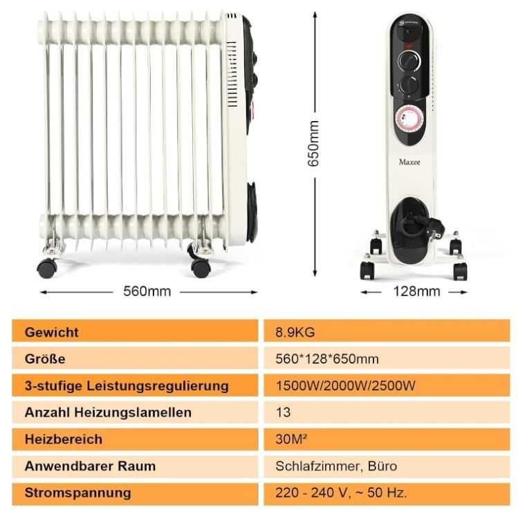 Grzejnik olejowy Maxee 2500W, 3 poziomy mocy