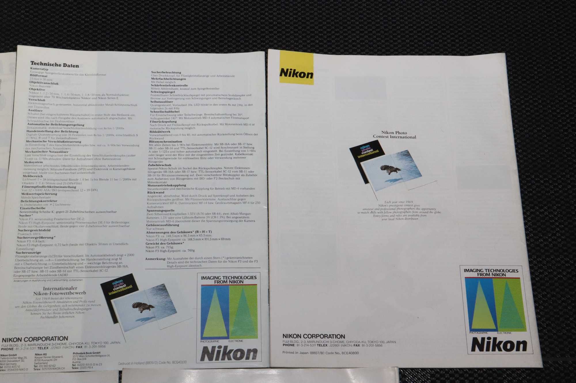 NIKON zestaw katalogów prospektów F3 F-801 F-401 obiektywy lampy