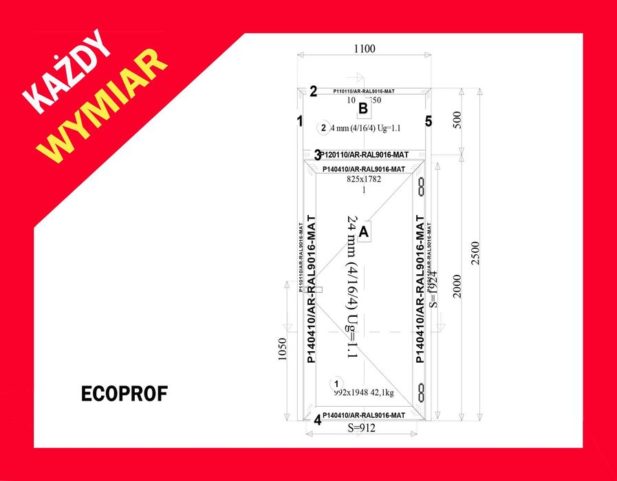 Drzwi aluminiowe przeszklone 1100x2500 Producent Każdy wymiar!