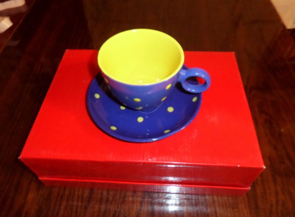 Чашка с блюдцем, синяя, желтая, горошек. Набор, чайная пара