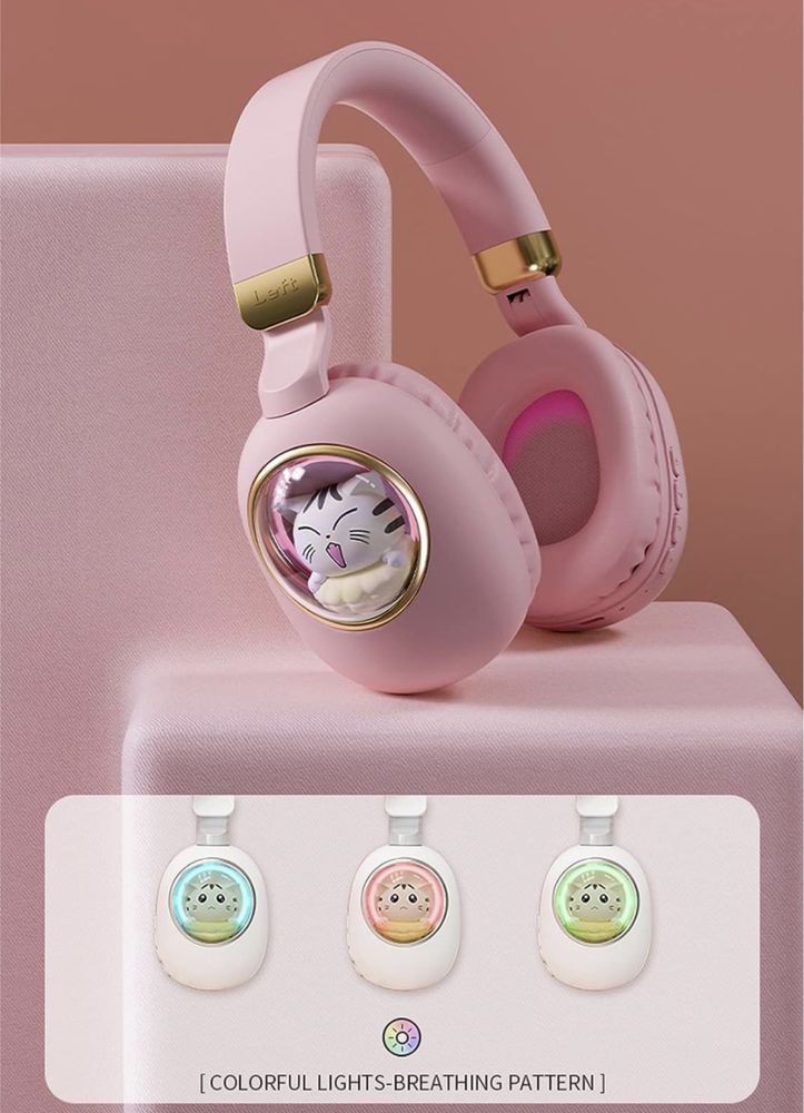 Różowe bezprzewodowe słuchawki z kotkiem