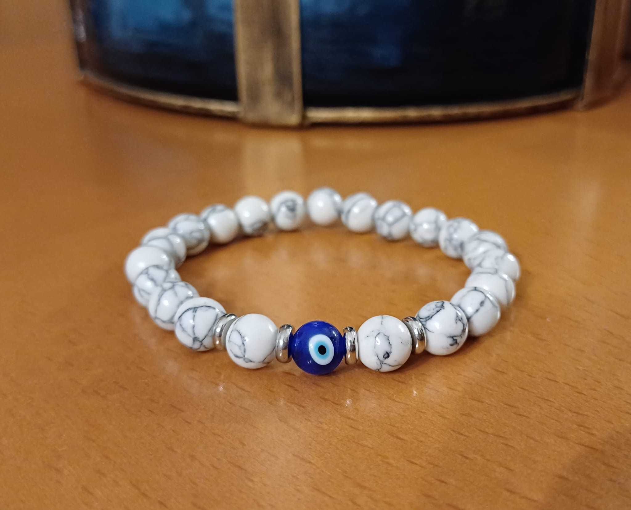 Pulseira Olho Tigre Azul & Hematita & Branco Howlita & Olho Turco