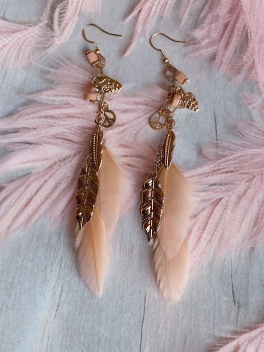 Kolczyki India Bohemian Retro Pióra ze złotym liściem, Morela