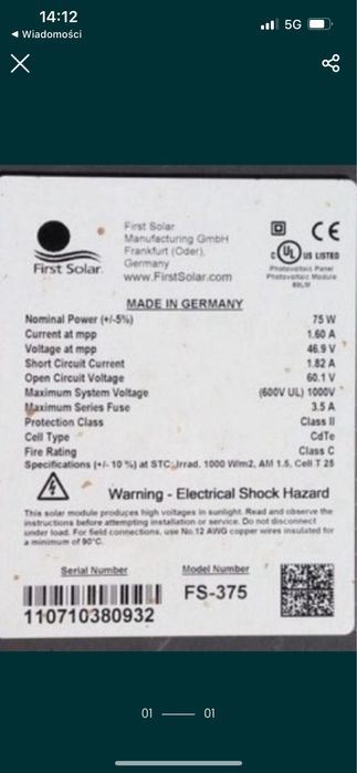 Panele fotowoltaiczne solary szklane 65-75W sprawne 100szt
