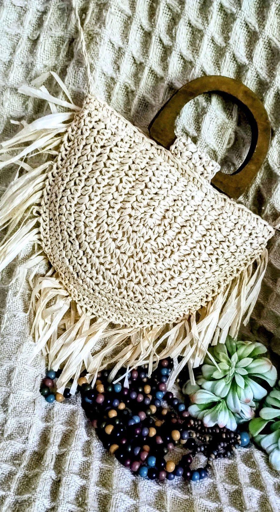 Pleciona letnia torebka, drewniane rączki, podszewka, frędzle,boho,eco