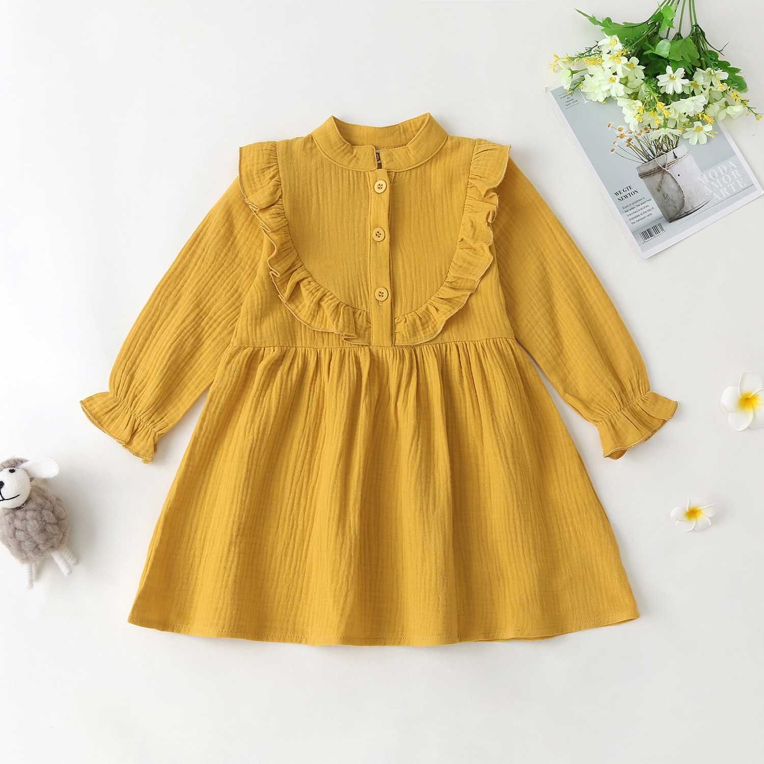Жёлтое платье для девочек 12-18мес, детское платье из муслина.