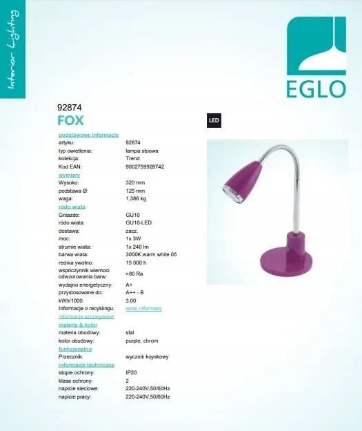 Lampa Eglo Fox  - Fioletowa