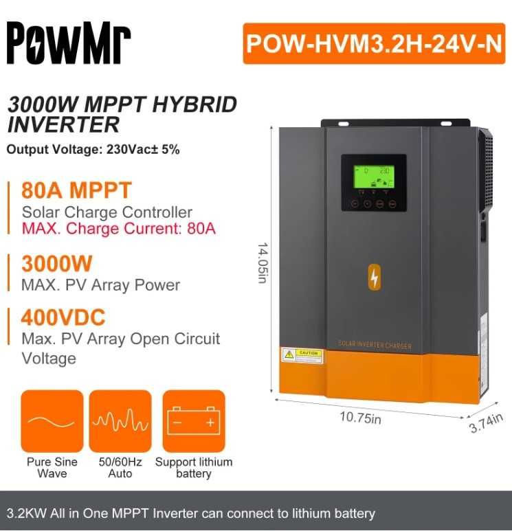 Гібридний Сонячний Інвертор. PowMr 3,2kwt 24v MPPT80A 220v, + акуми