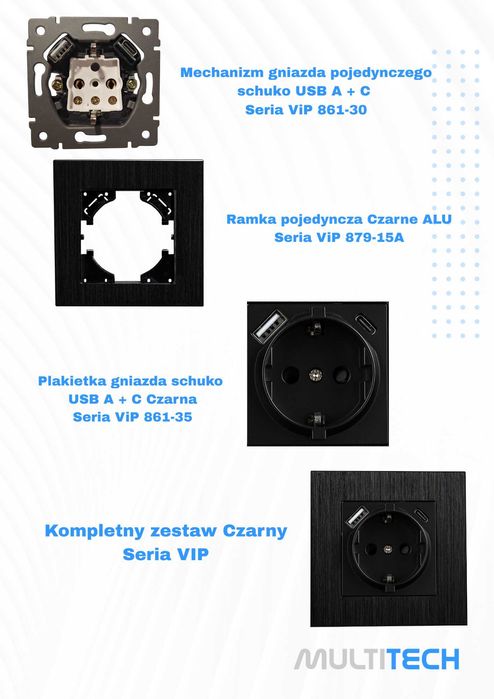 VIPLAST Gniazdo pojed Schuko USB A+C podtynk z ramką aluminiową Czarne