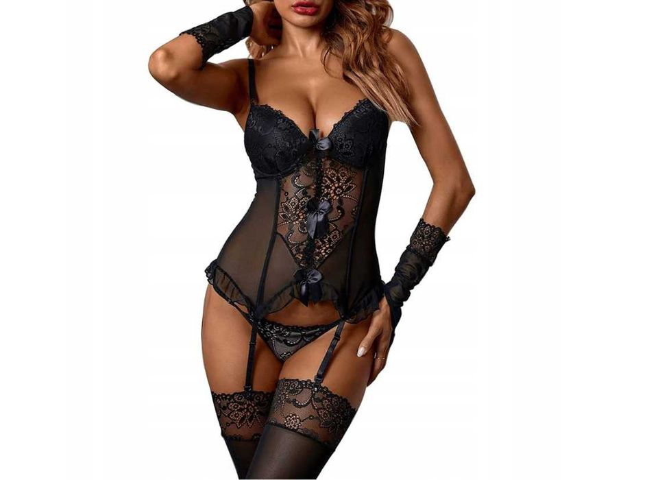 Komplet bielizny damskiej gorset stringi pończochy czarny