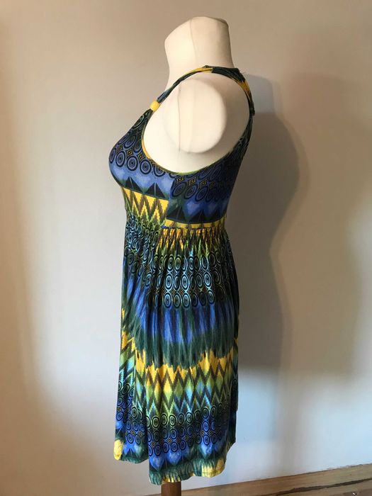 Cudowna tunika boho r. 38/40 niebiesko żółto zielona sukienka hippie