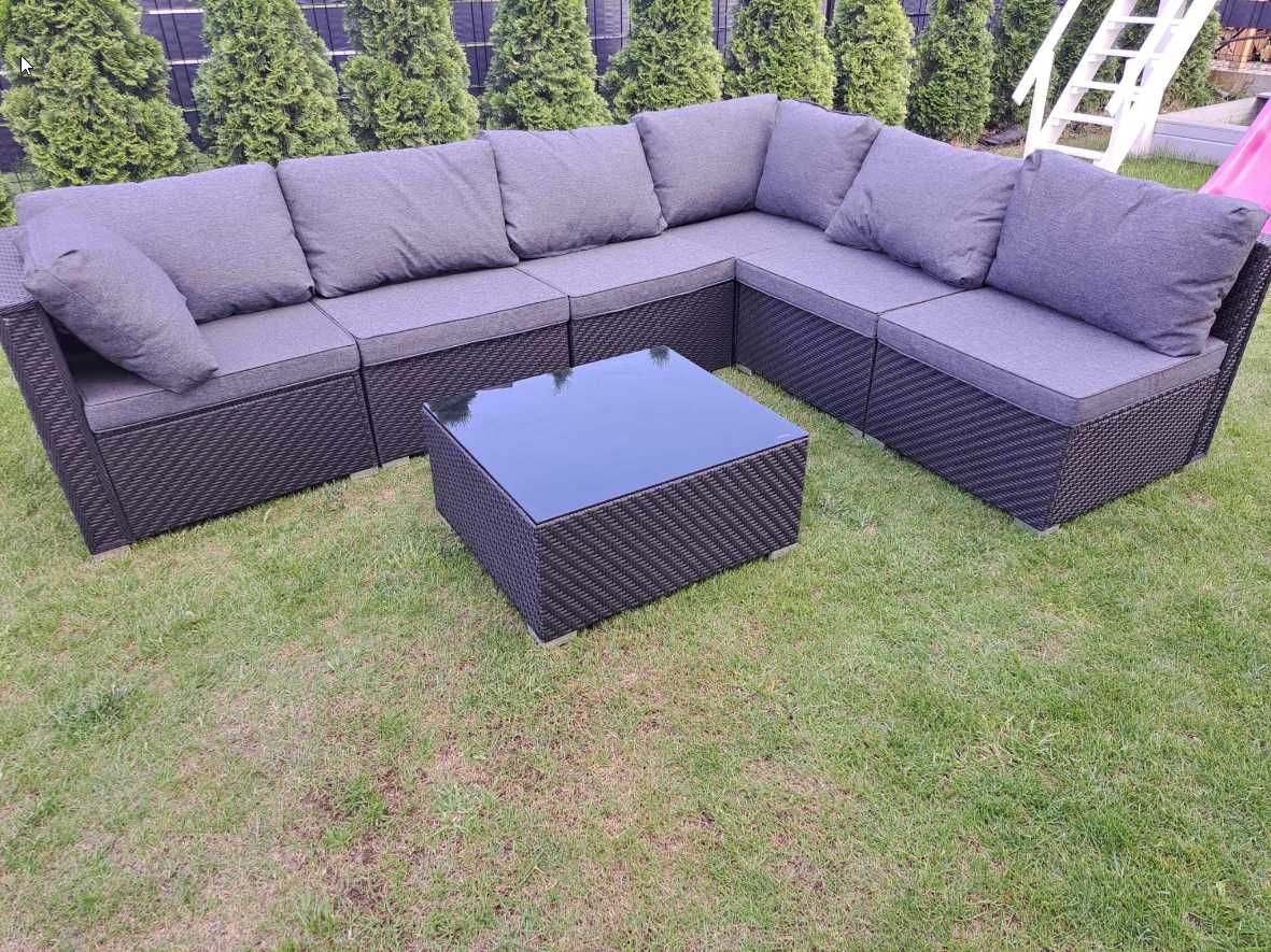 Zestaw wypoczynkowy sofa narożnik 6-osób - technorattan czarny/grafit