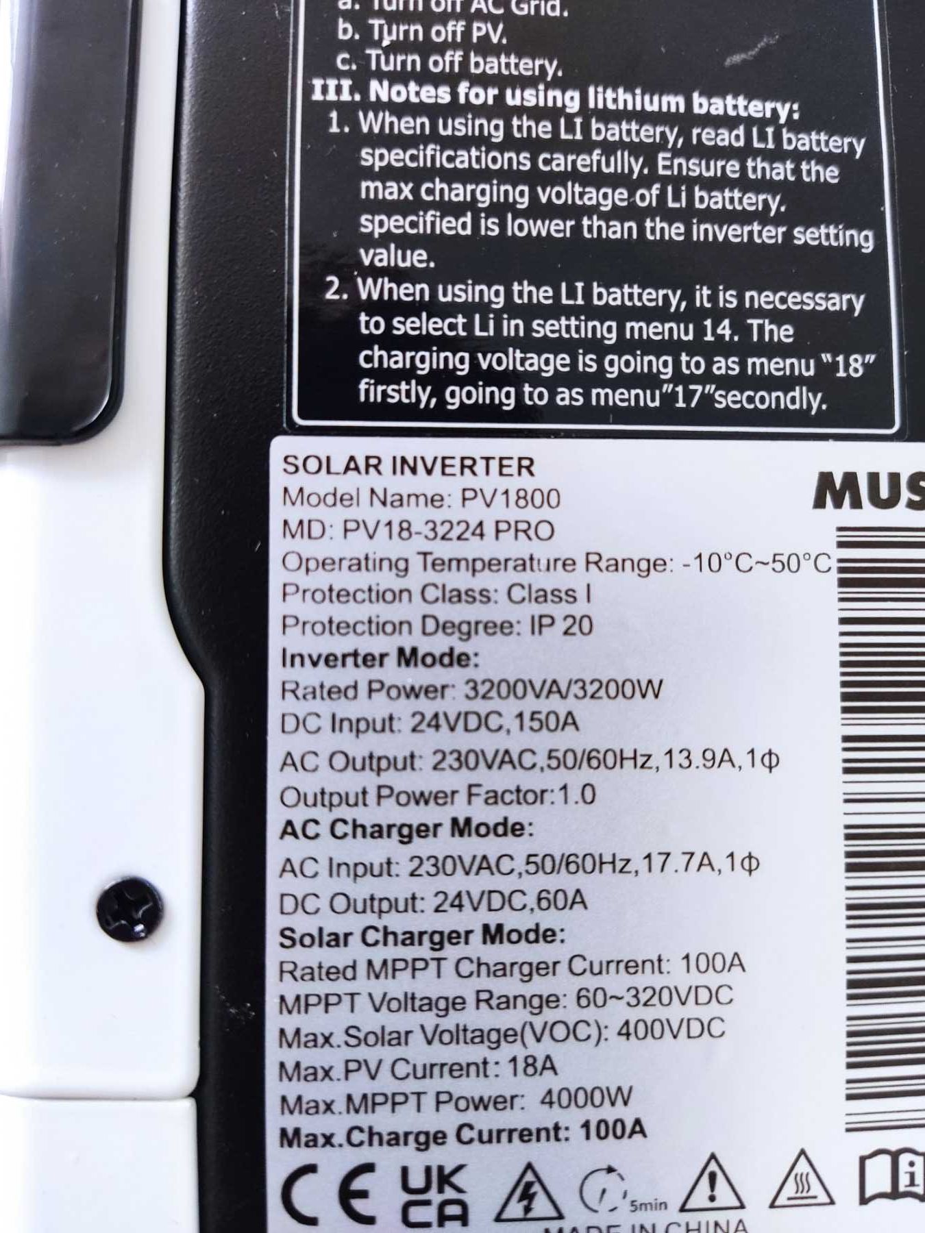 Cолнечный WiFi BT USB инвертор MUST PV18-3224 PRO solar assistant +